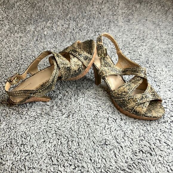 TIFFANY Animal Print 9 Leather Strap Cork Heel Sandals - Picture 1 of 10